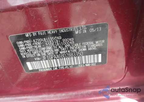 2013 Subaru Impreza 2.0I z USA, uszkodzony, nr VIN JF1GPAA68D2883350